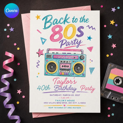 Retro 80s Party Invitation — editable Canva template