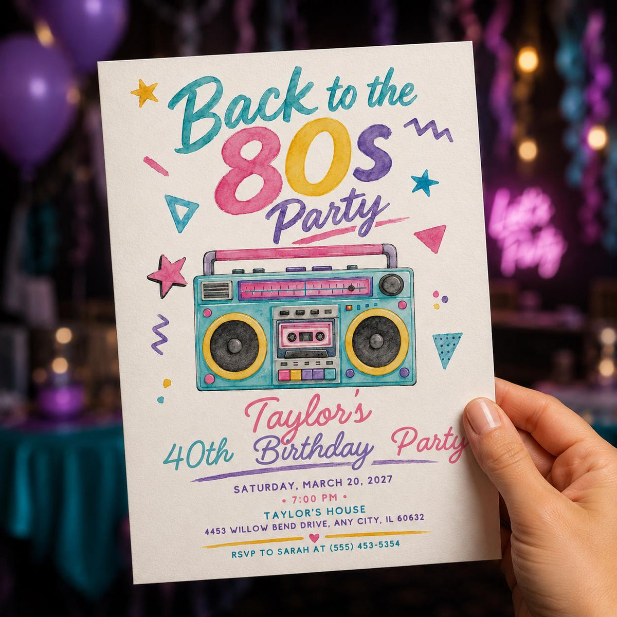 Retro 80s Party Invitation — print-ready 40th birthday party design from VoltBy
