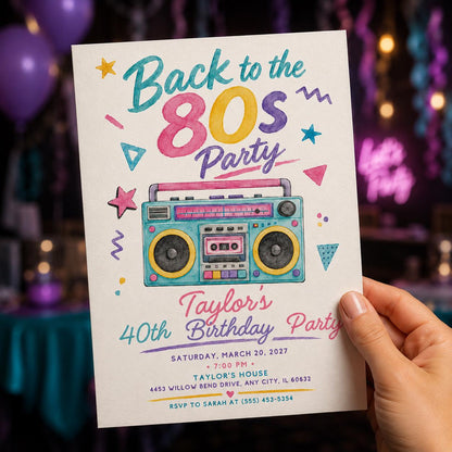 Retro 80s Party Invitation — print-ready 40th birthday party design from VoltBy