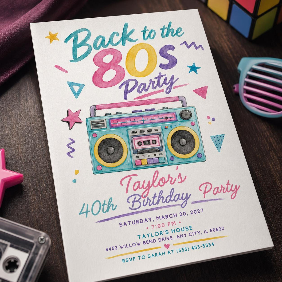 Retro 80s Party Invitation — 40th birthday party stationery by VoltBy