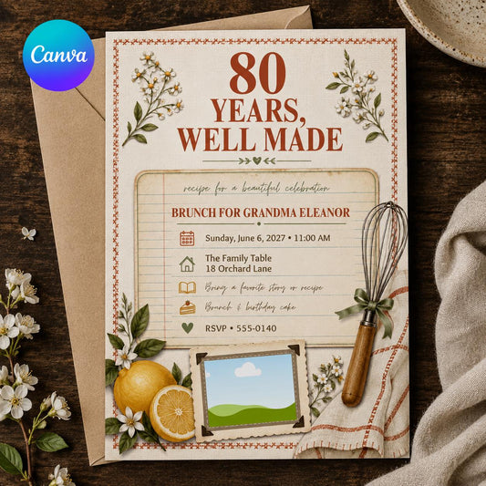Retro 80th Birthday Brunch Invitation — editable Canva template