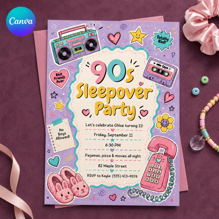 Retro 90s Sleepover Invitation for Girls