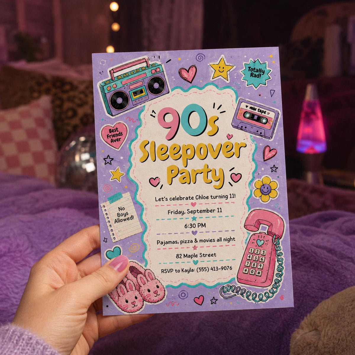 Retro 90s Sleepover Invitation for Girls — movie design
