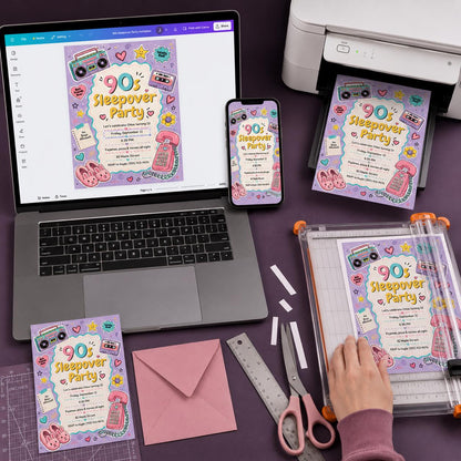 Retro 90s Sleepover Invitation for Girls — invitation you personalize in Canva