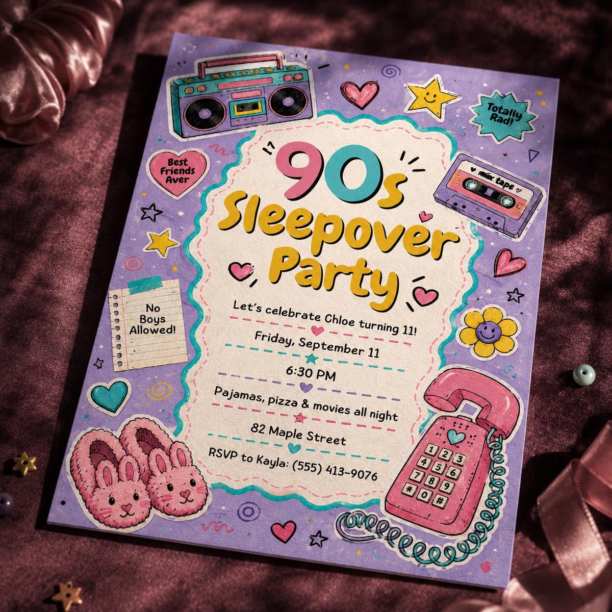 Retro 90s Sleepover Invitation for Girls — print-ready birthday party design from VoltBy