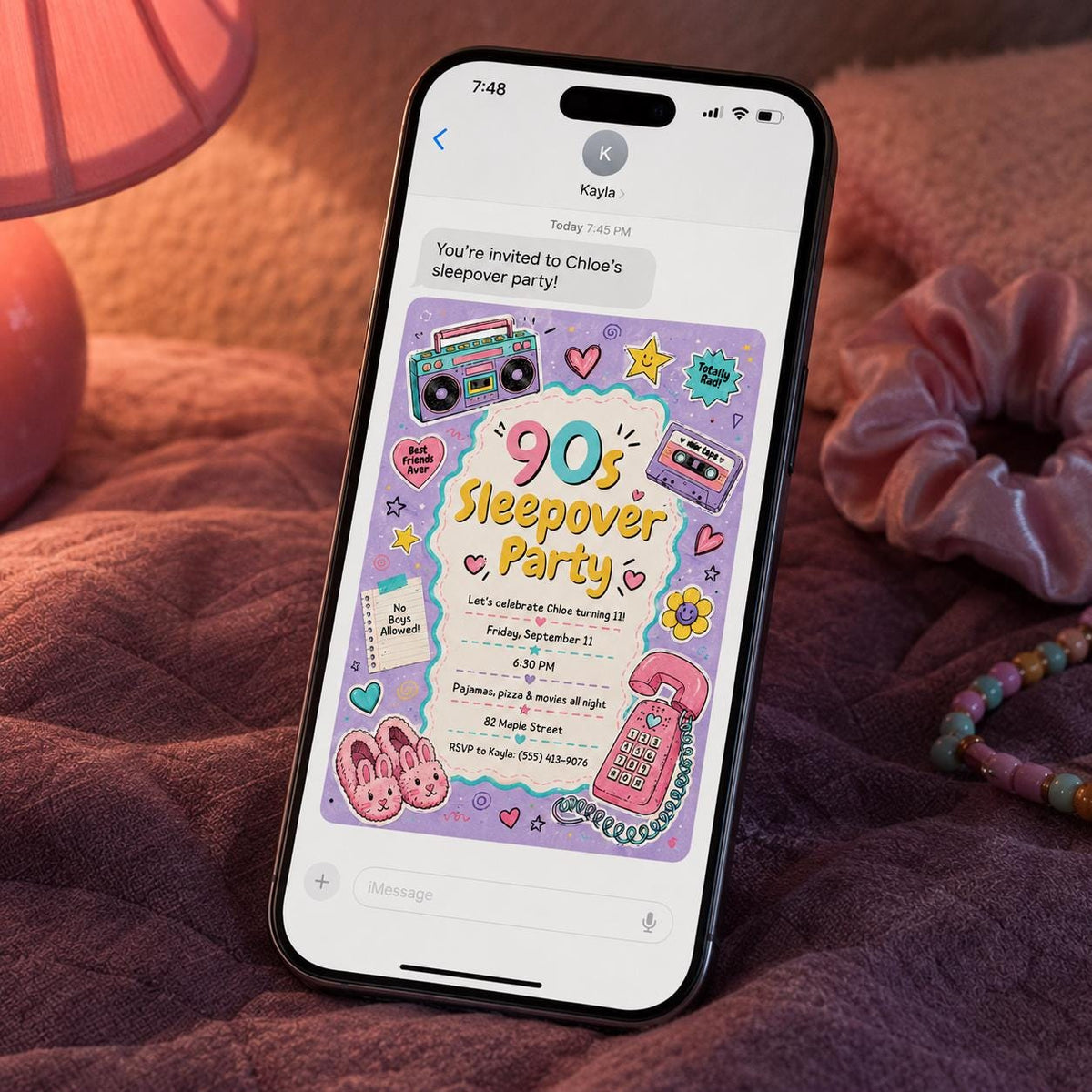 Retro 90s Sleepover Invitation for Girls — digital invitation, instant download