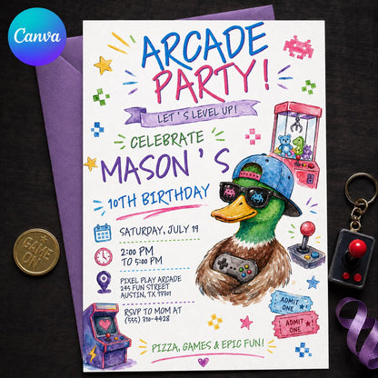 Retro Arcade 10th Birthday Invitation — editable Canva template
