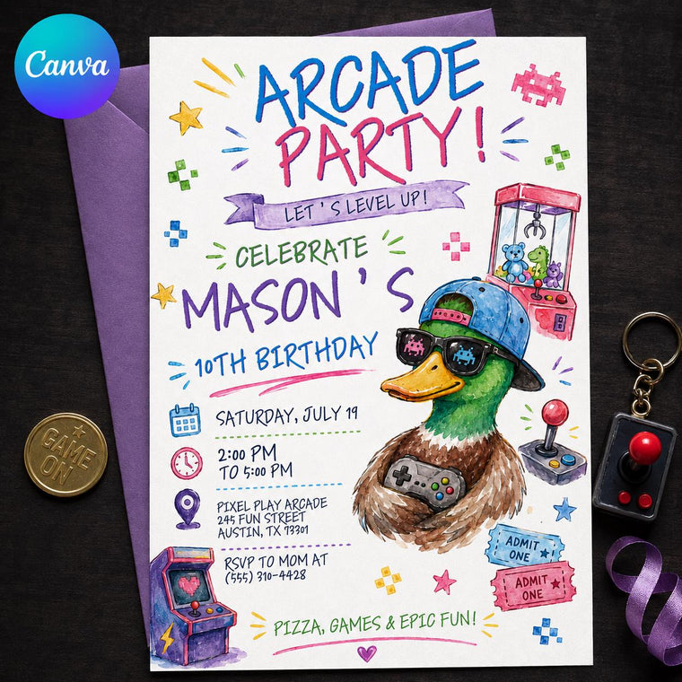 Retro Arcade 10th Birthday Invitation