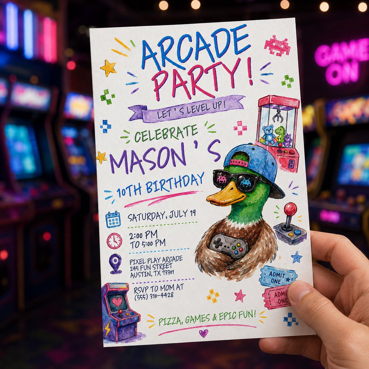 Retro Arcade 10th Birthday Invitation — invitation you personalize in Canva