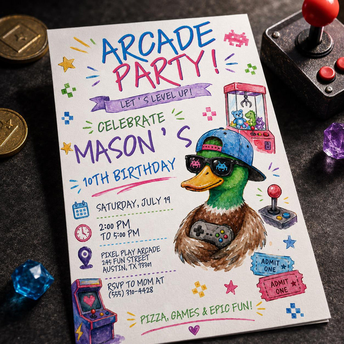 Retro Arcade 10th Birthday Invitation — digital invitation, instant download