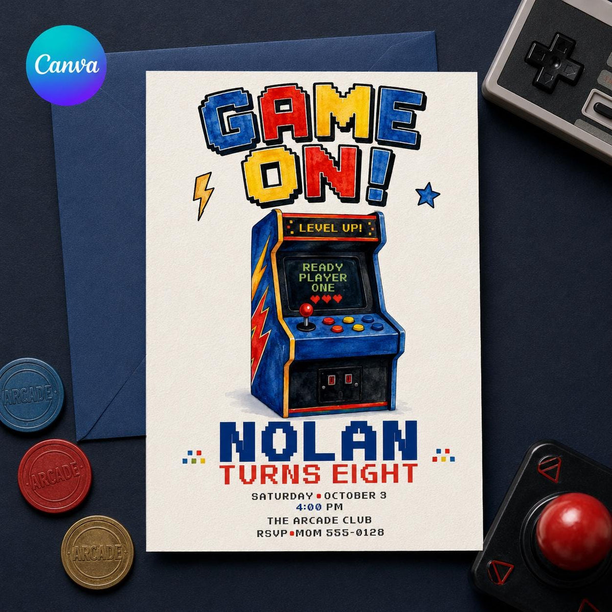Retro Arcade 8th Birthday Invitation — editable Canva template