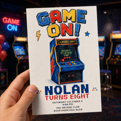 Retro Arcade 8th Birthday Invitation — invitation you personalize in Canva