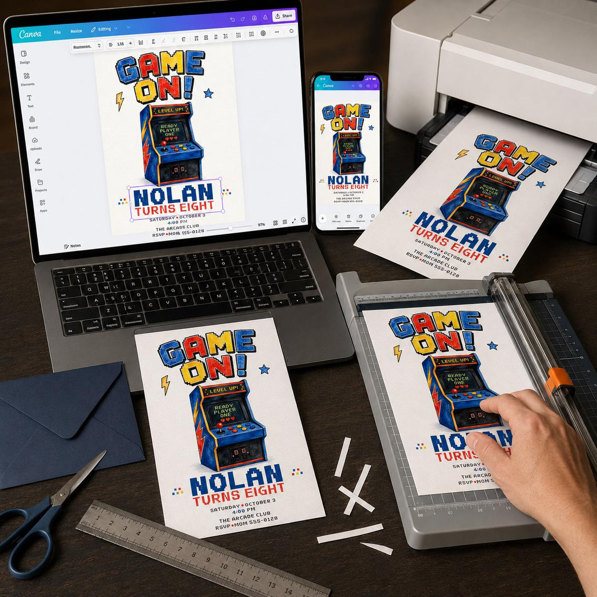 Retro Arcade 8th Birthday Invitation — print-ready 8th birthday party design from VoltBy