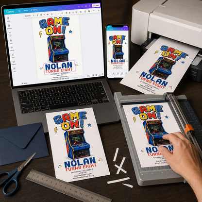 Retro Arcade 8th Birthday Invitation — print-ready 8th birthday party design from VoltBy