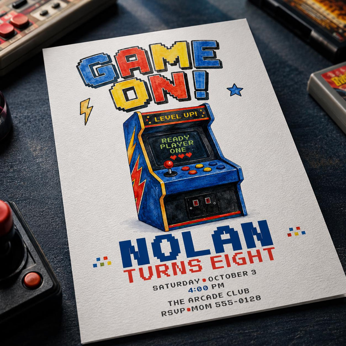 Retro Arcade 8th Birthday Invitation — digital invitation, instant download