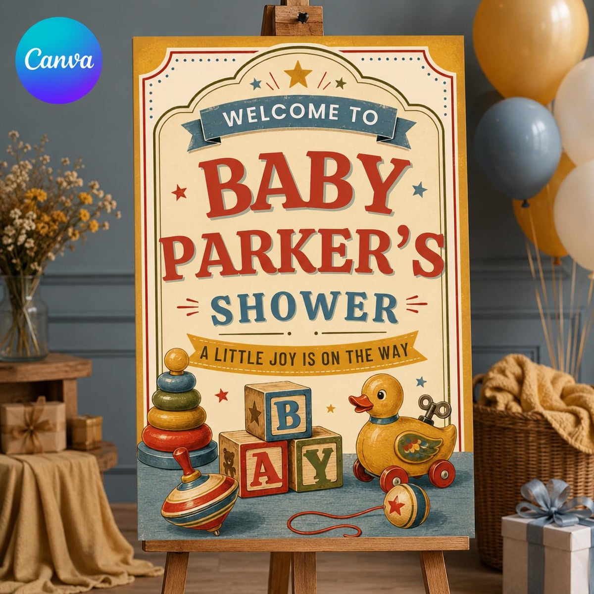 Retro Baby Shower Welcome Sign — editable Canva template