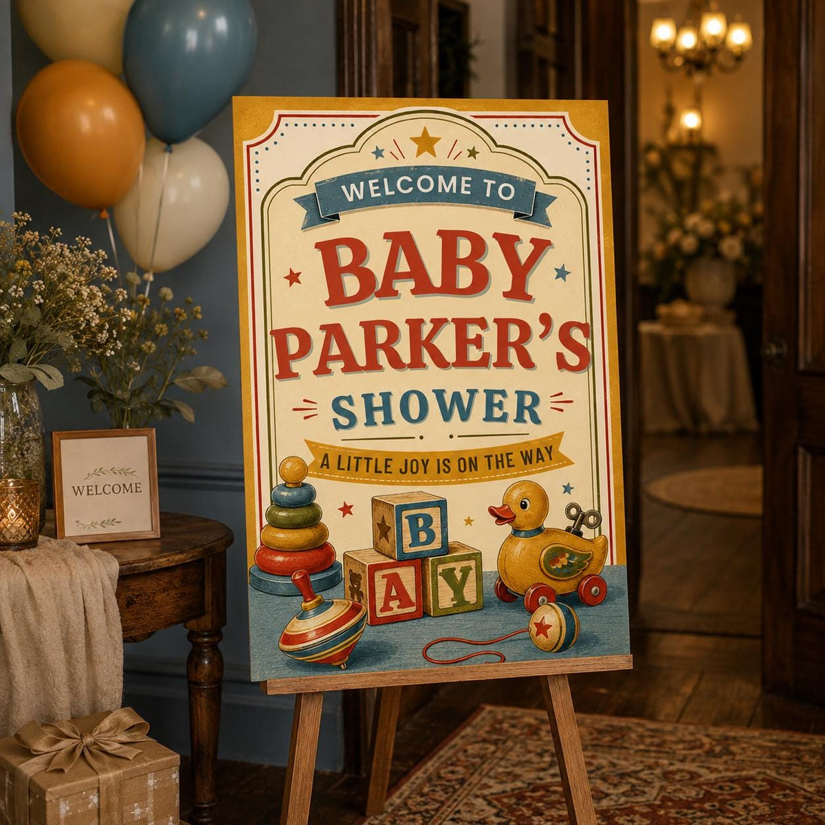 Retro Baby Shower Welcome Sign — welcome sign you personalize in Canva