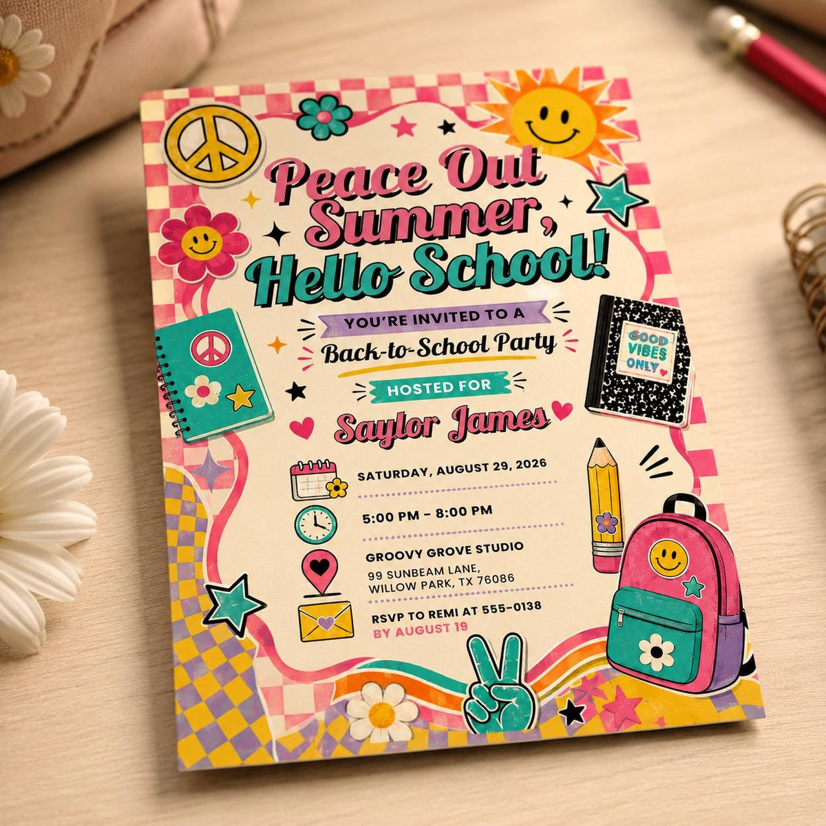 Retro Back to School Party Invitation — print-ready back-to-school event design from VoltBy