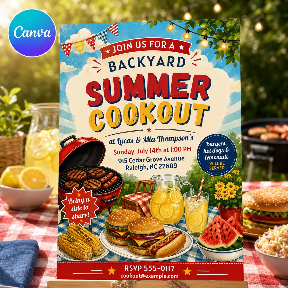 Retro Backyard BBQ Invitation — editable Canva template