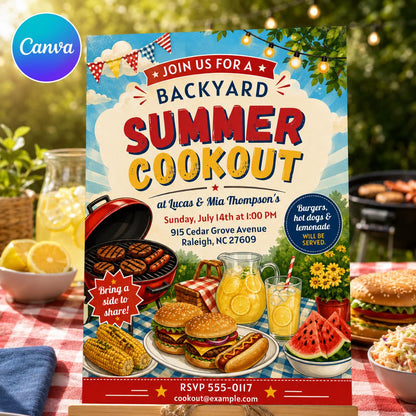 Retro Backyard BBQ Invitation — editable Canva template