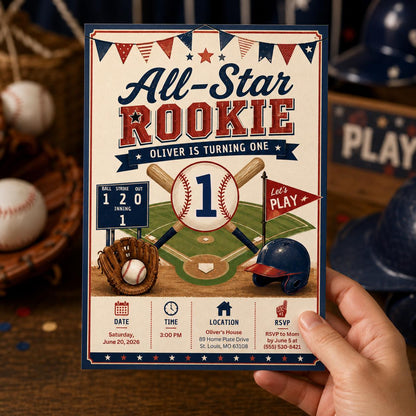 Retro Baseball First Birthday Invitation — invitation you personalize in Canva