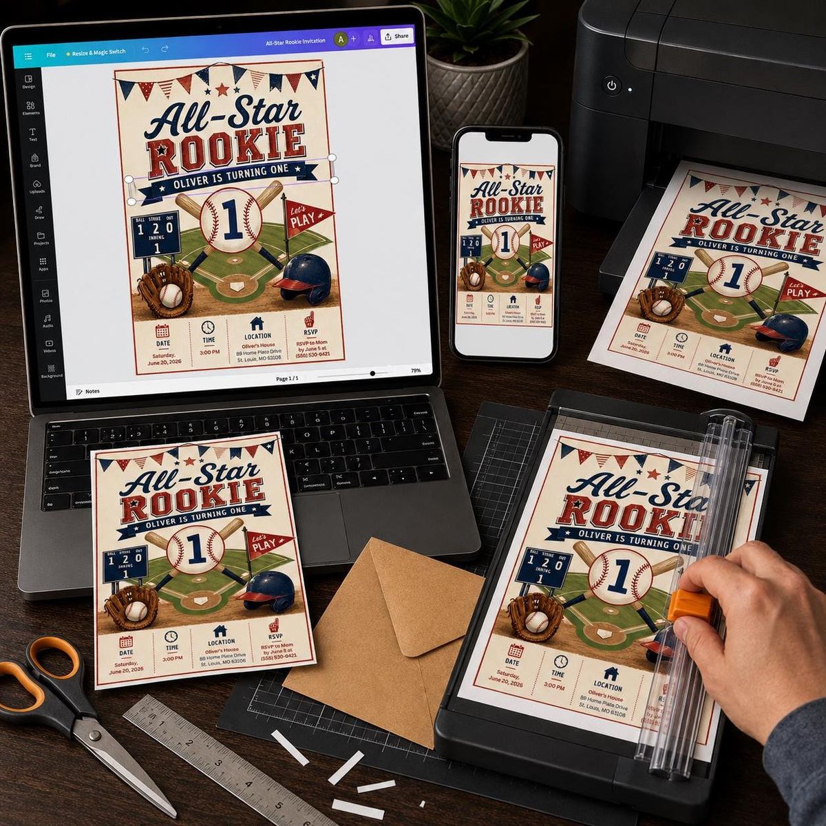 Retro Baseball First Birthday Invitation — print-ready first birthday design from VoltBy