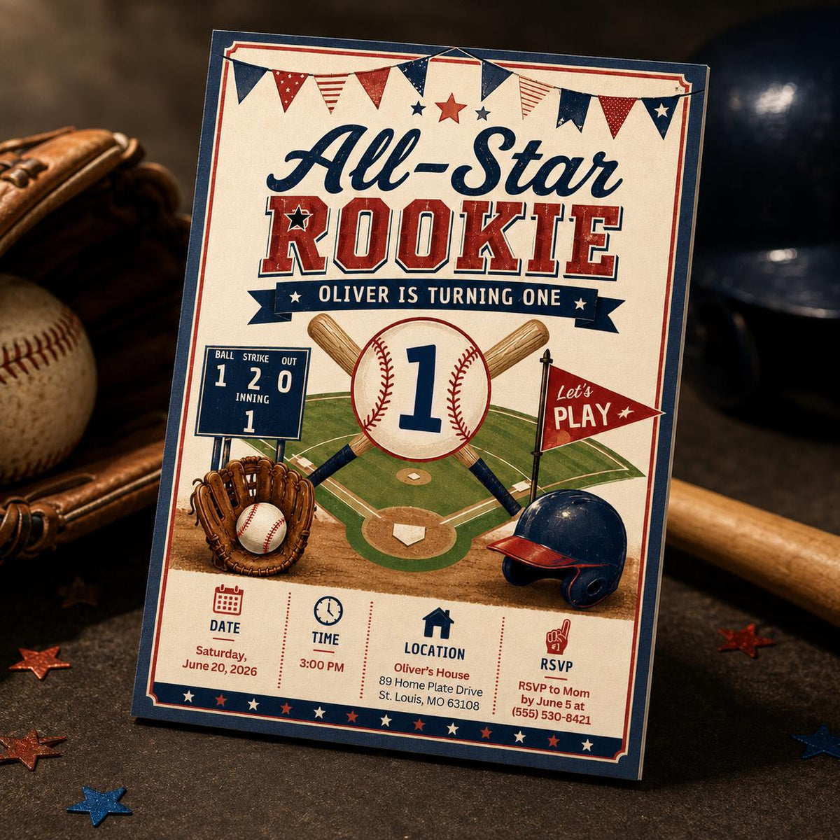 Retro Baseball First Birthday Invitation — digital invitation, instant download