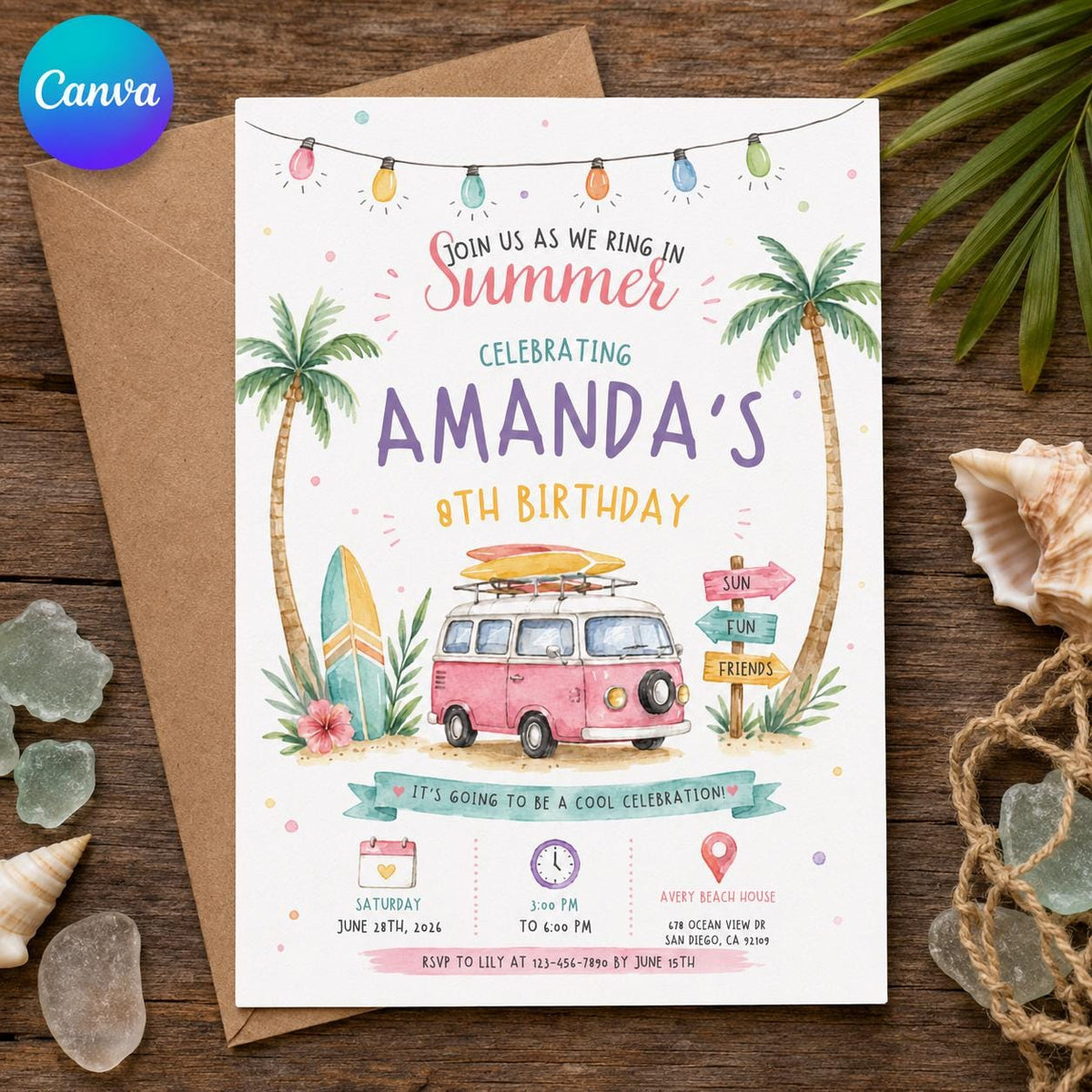 Retro Beach 8th Birthday Invitation — editable Canva template