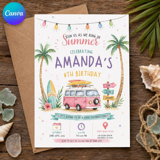 Retro Beach 8th Birthday Invitation — editable Canva template