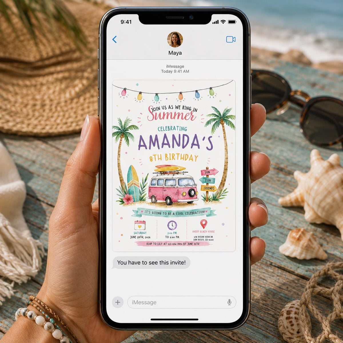Retro Beach 8th Birthday Invitation — tropical design