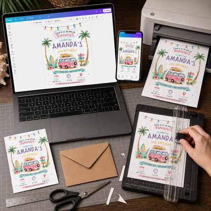 Retro Beach 8th Birthday Invitation — print-ready 8th birthday party design from VoltBy