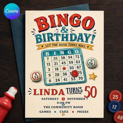 Retro Bingo 50th Birthday Invitation — editable Canva template