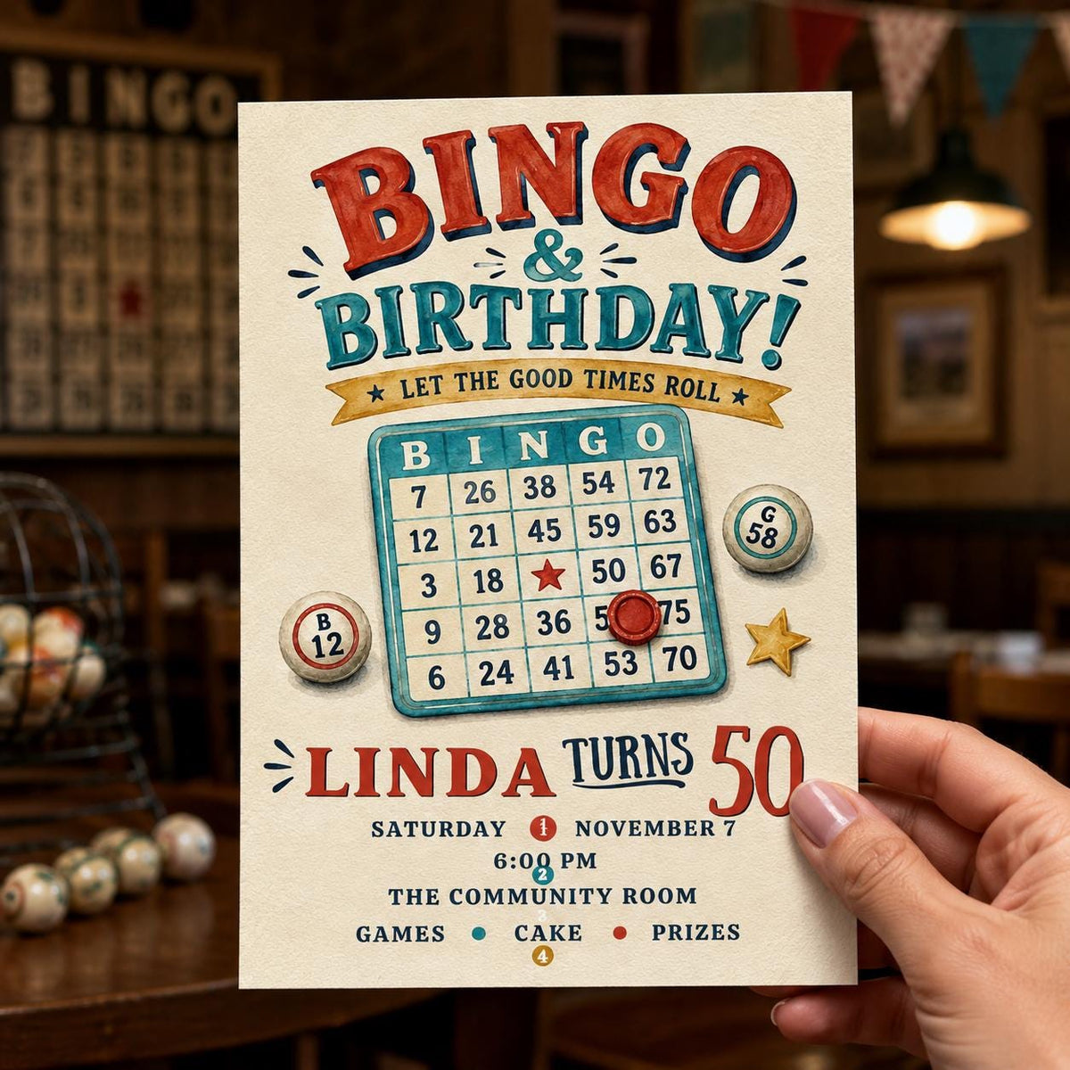 Retro Bingo 50th Birthday Invitation — print-ready 50th birthday party design from VoltBy