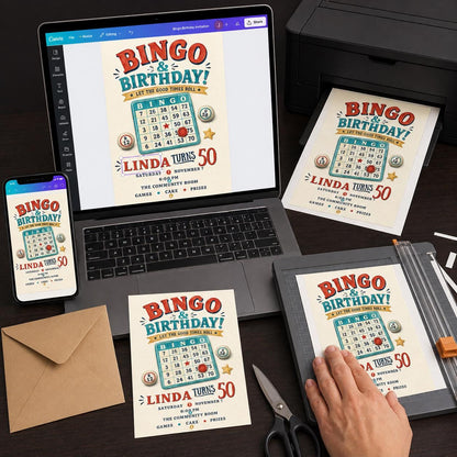 Retro Bingo 50th Birthday Invitation — digital invitation, instant download