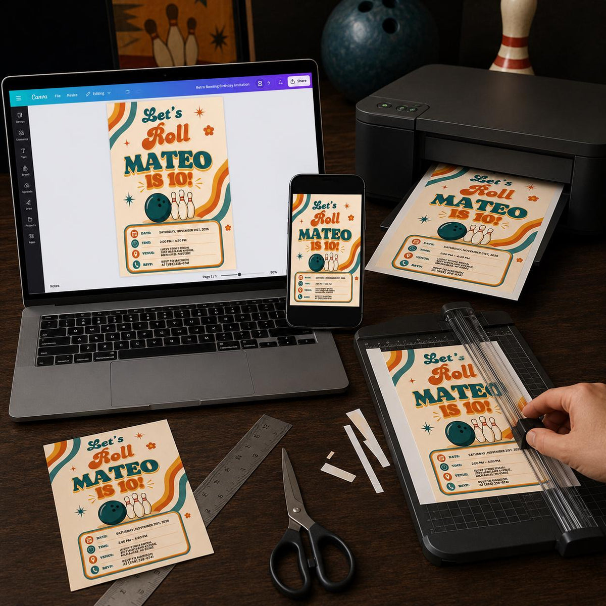 Retro Bowling 10th Birthday Invitation: Groovy Let’s Roll Kids — digital invitation, instant download