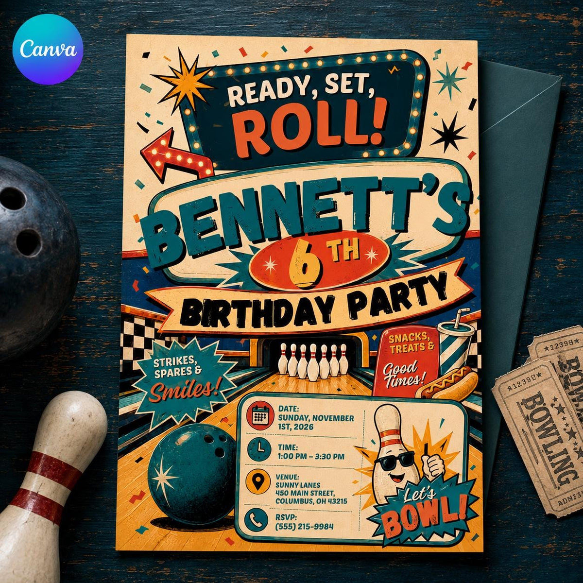 Retro Bowling 6th Birthday Invitation — editable Canva template