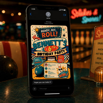 Retro Bowling 6th Birthday Invitation — pizza design