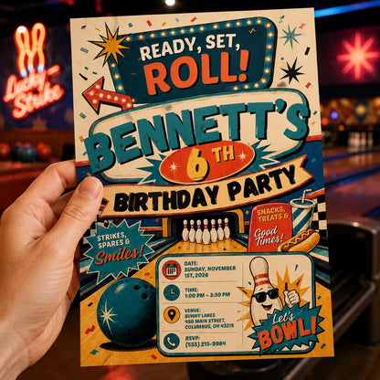 Retro Bowling 6th Birthday Invitation — invitation you personalize in Canva