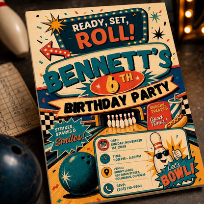 Retro Bowling 6th Birthday Invitation — digital invitation, instant download