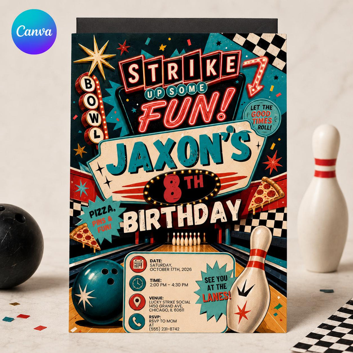 Retro Bowling 8th Birthday Invitation — editable Canva template