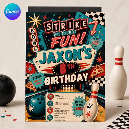 Retro Bowling 8th Birthday Invitation — editable Canva template