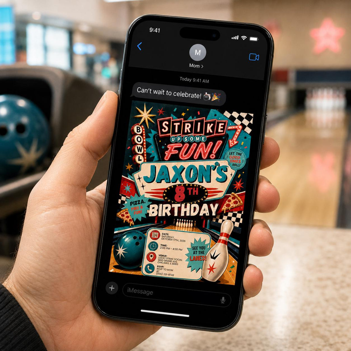 Retro Bowling 8th Birthday Invitation — pizza design