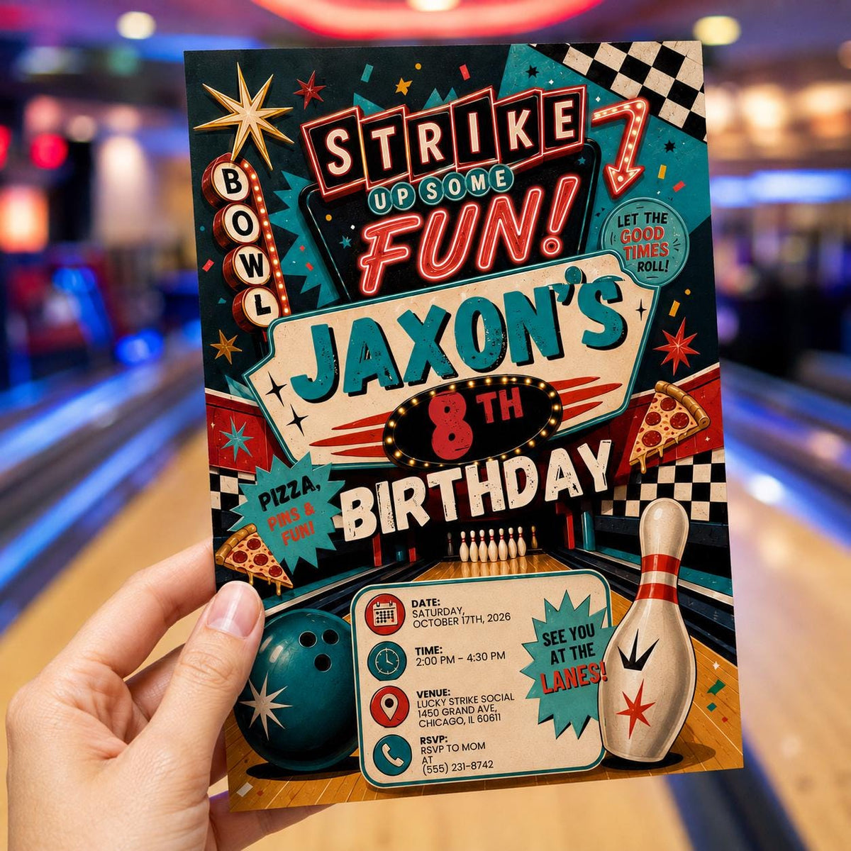 Retro Bowling 8th Birthday Invitation — invitation you personalize in Canva