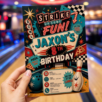 Retro Bowling 8th Birthday Invitation — invitation you personalize in Canva