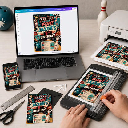 Retro Bowling 8th Birthday Invitation — print-ready 8th birthday party design from VoltBy