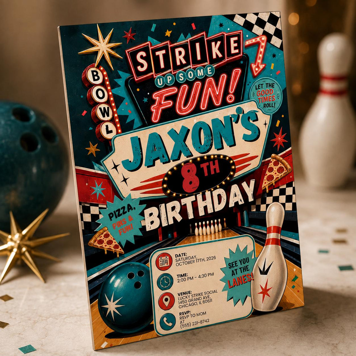 Retro Bowling 8th Birthday Invitation — digital invitation, instant download