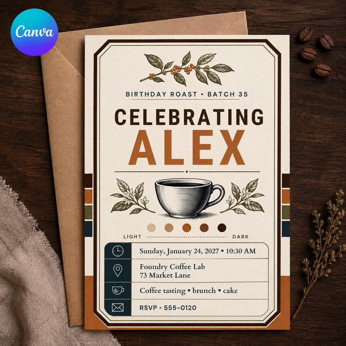 Retro Coffee 35th Birthday Invitation — editable Canva template