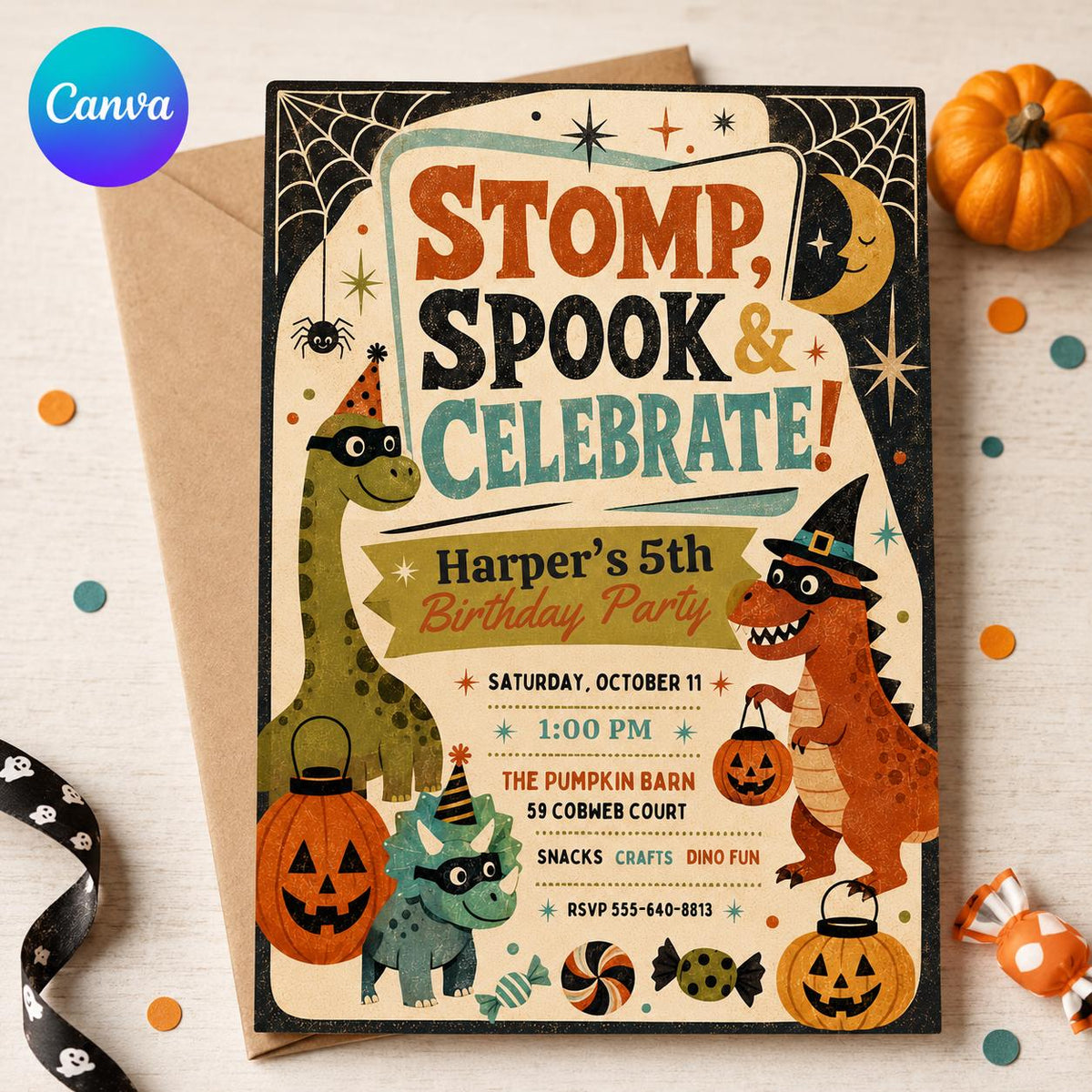 Retro Dinosaur Halloween 5th Birthday Invitation — editable Canva template