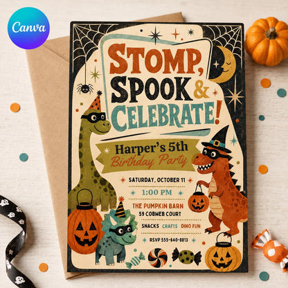 Retro Dinosaur Halloween 5th Birthday Invitation — editable Canva template