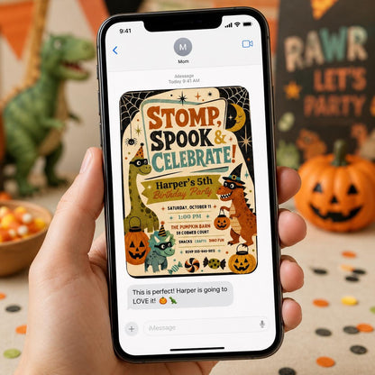 Retro Dinosaur Halloween 5th Birthday Invitation — invitation you personalize in Canva